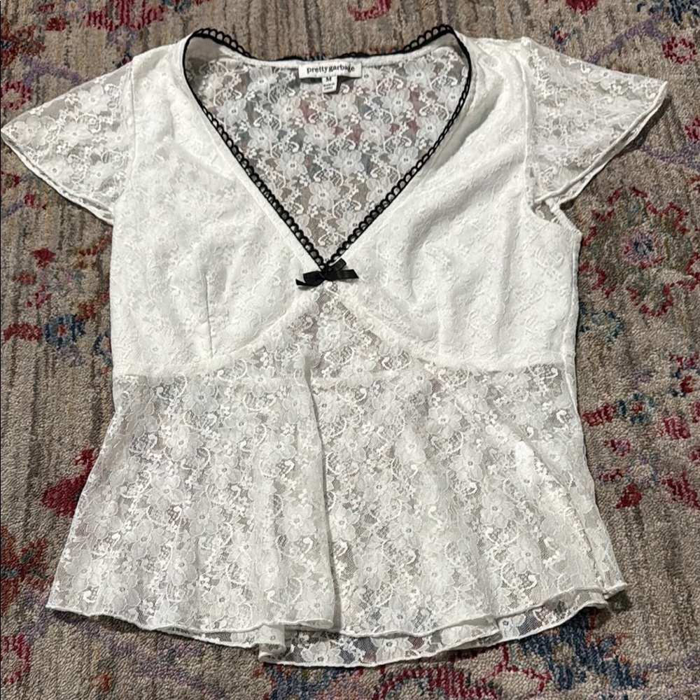 White Lace Peplum Blouse with Tie Front